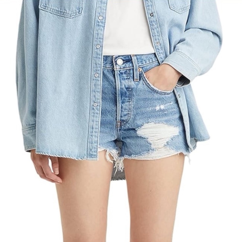 Levi's 501 Light Blue Distressed Jean Shorts 26